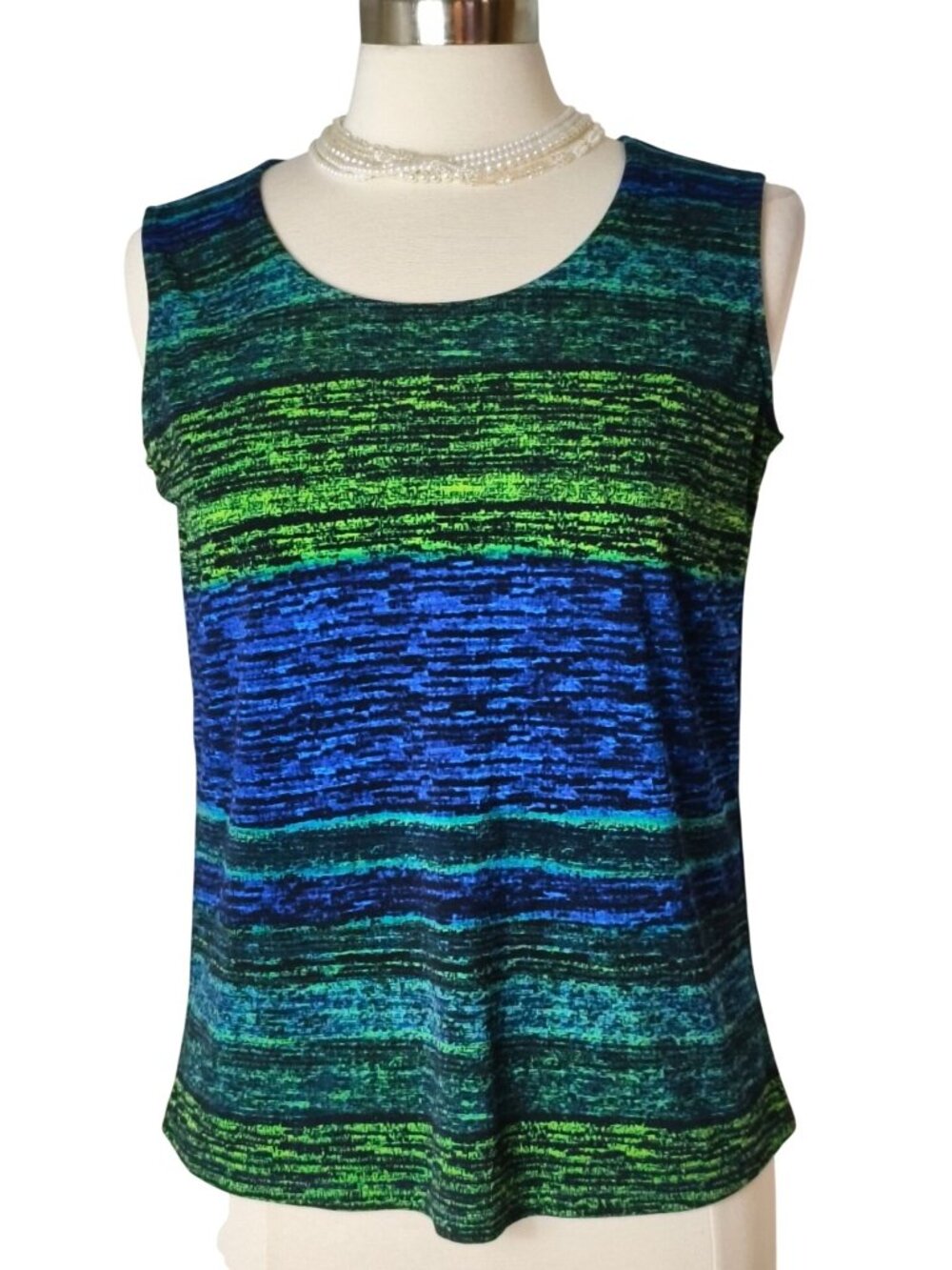 Alison Daley S Sleeveless Knit Tank Top Blue Green Striped Boho Coquette Office
